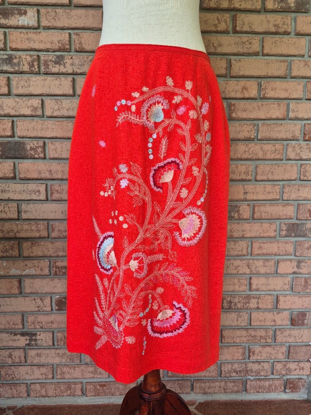 Lovely Linen Beaded Embroidered Midi Skirt sz 10 Tangerine Orange